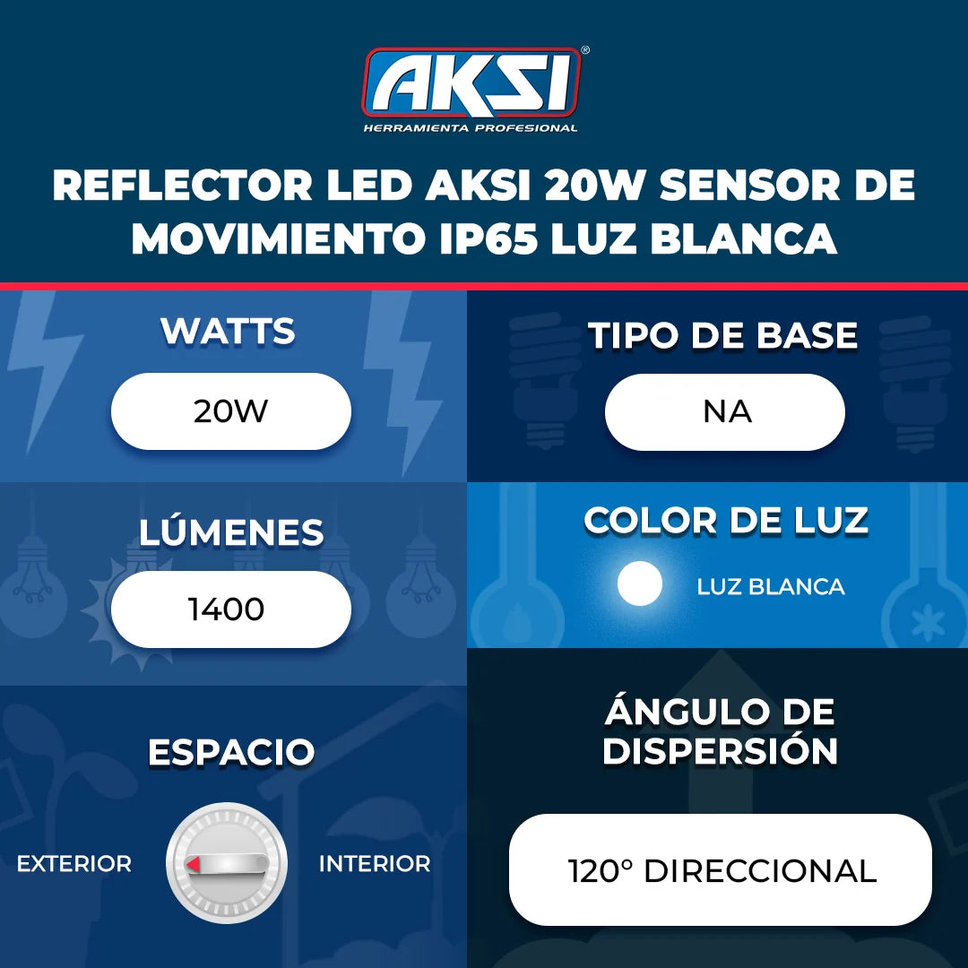 116562 Reflector LED Aksi 20W Sensor de Movimiento IP65 Luz Blanca