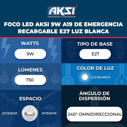120911 Foco LED AKSI 9W A19 Emergencia Recargable E27 Luz Blanco Frío