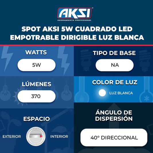 121102 Spot Aksi 5W Cuadrado LED Empotrable Dirigible Luz Blanca - LumyventJC