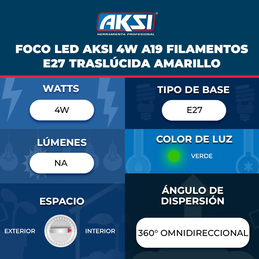 122224 Foco LED Aksi 4W A19 Filamentos E27 Traslúcida Verde