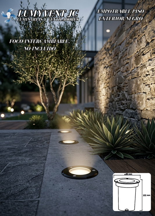 ADE-201 EMPOTRABLE PISO PLÁSTICO NEGRO Y VIDRIO TEMPLADO EXTERIOR BASE GU10 - LumyventJC