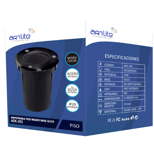 ADE-201 EMPOTRABLE PISO PLÁSTICO NEGRO Y VIDRIO TEMPLADO EXTERIOR BASE GU10 - LumyventJC