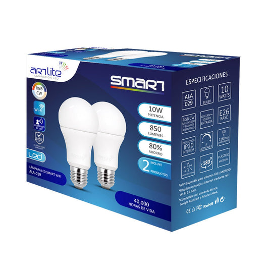LAMPARAS LED SMART WIFI RGB CW MULTICOLOR Y BLANCOS E26 10W HASTA 850LM DIMEABLE CON APP PAQUETE DUAL (INCLUYE 2 PRODUCTOS) ARTLITE SKU: ALA - 029 - LumyventJC