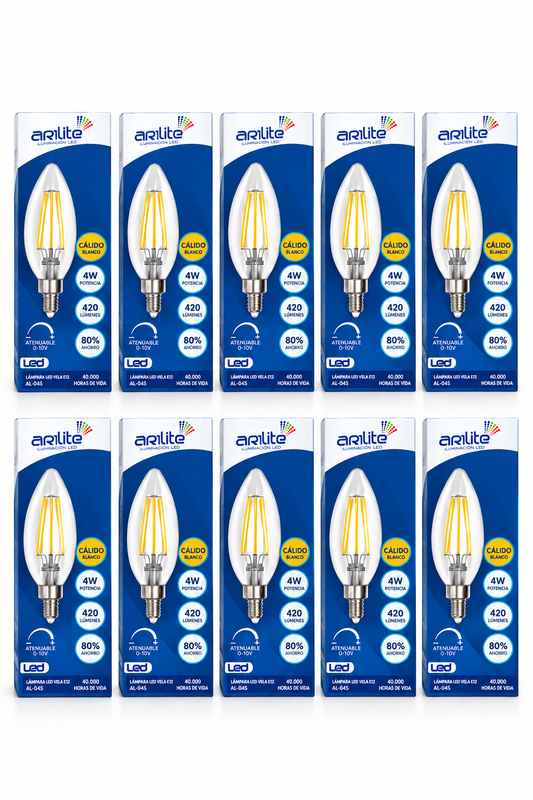ALA-005 10 PZAS DE LÁMPARA VELA B35 FILAMENTO 4W BLANCO CÁLIDO BASE E12