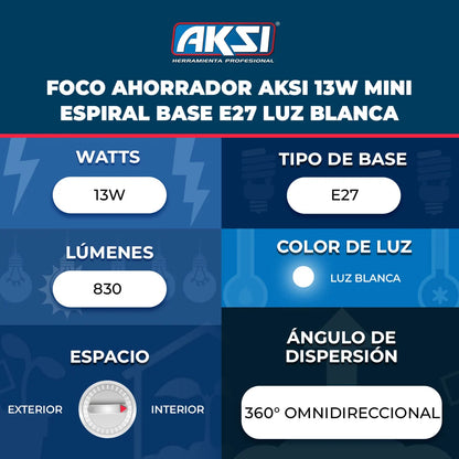 110639 Foco Ahorrador Aksi 13W Mini Espiral Base E27 Luz Blanca