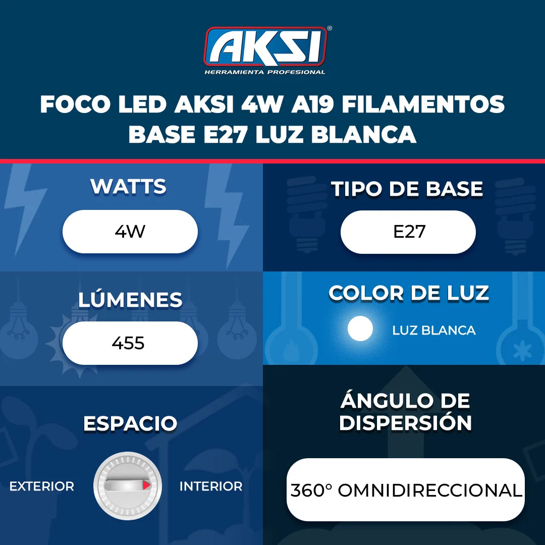 115591 Foco LED Aksi 4W A19 Filamentos Base E27 Luz Blanca