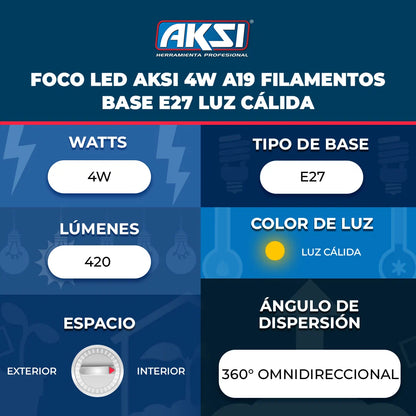 115592 Foco LED Aksi 4W A19 Filamentos Base E27 Luz Cálida