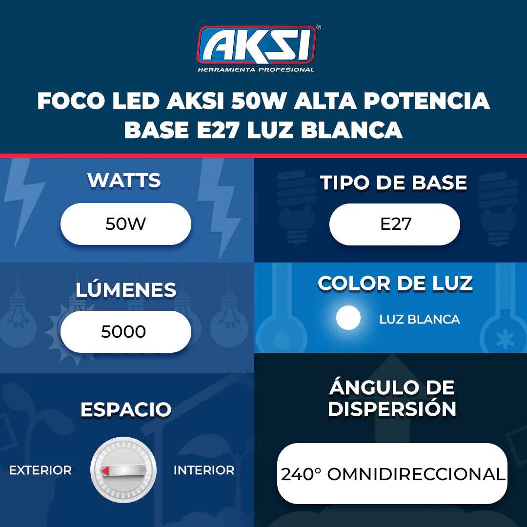 116424 Foco LED Aksi 50W Alta Potencia Base E27 Luz Blanca - LumyventJC