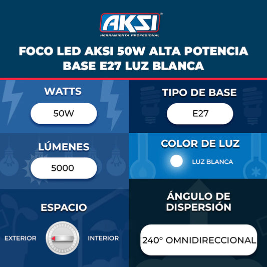 116424 Foco LED Aksi 50W Alta Potencia Base E27 Luz Blanca