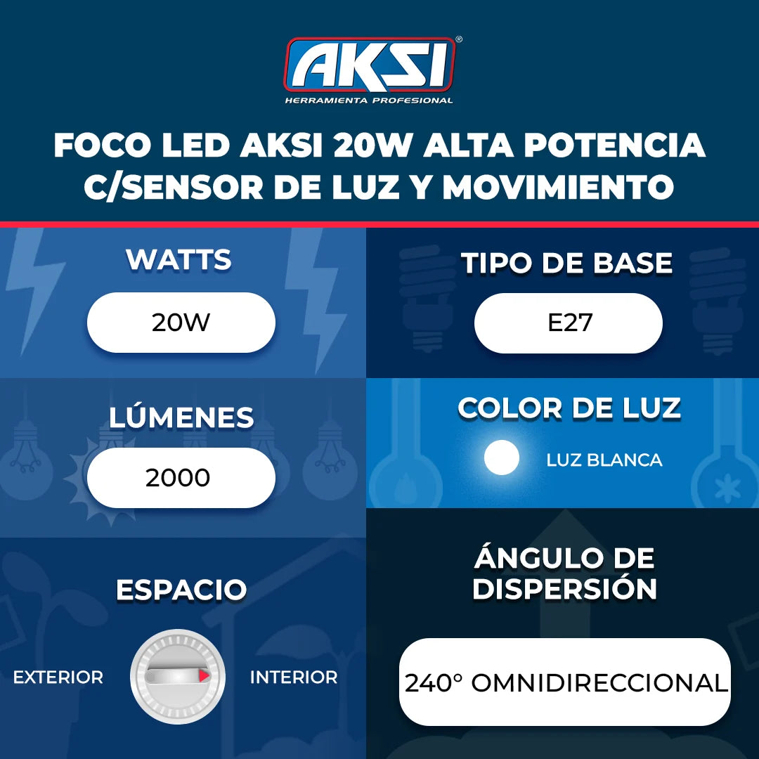 116426 Foco LED Aksi 20W Alta Potencia c/Sensor de Luz y Movimiento