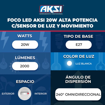 116426 Foco LED Aksi 20W Alta Potencia c/Sensor de Luz y Movimiento
