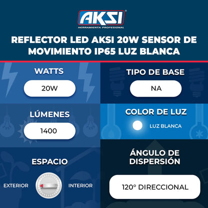116562 Reflector LED Aksi 20W Sensor de Movimiento IP65 Luz Blanca