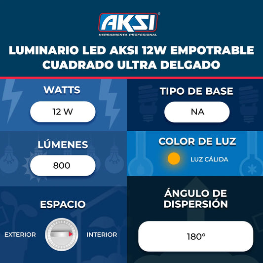 117935 luminario LED Aksi 12W Empotrable Cuadrado UltraDelgado