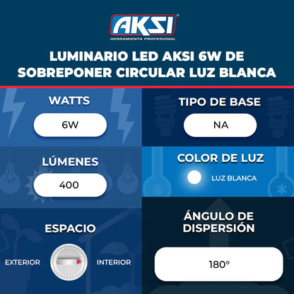 117962 Luminario LED Aksi 6W de Sobreponer Circular Luz Blanca