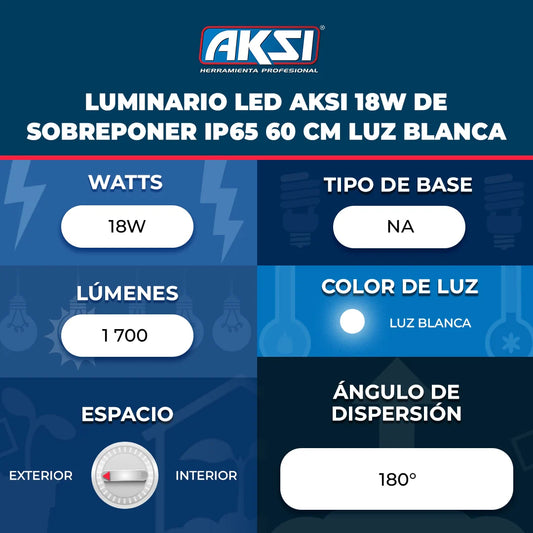 118021 Luminario LED Aksi 18W de Sobreponer IP65 60 cm Luz Blanca