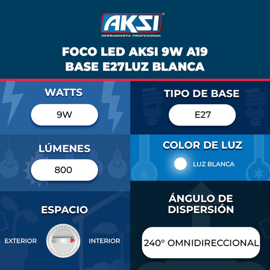 120025 Foco LED Aksi 9W A19 Base E27Luz Blanca