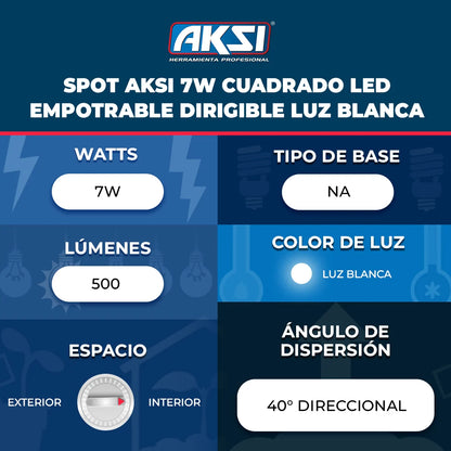 121103 Spot Aksi 7W Cuadrado LED Empotrable Dirigible Luz Blanca - LumyventJC