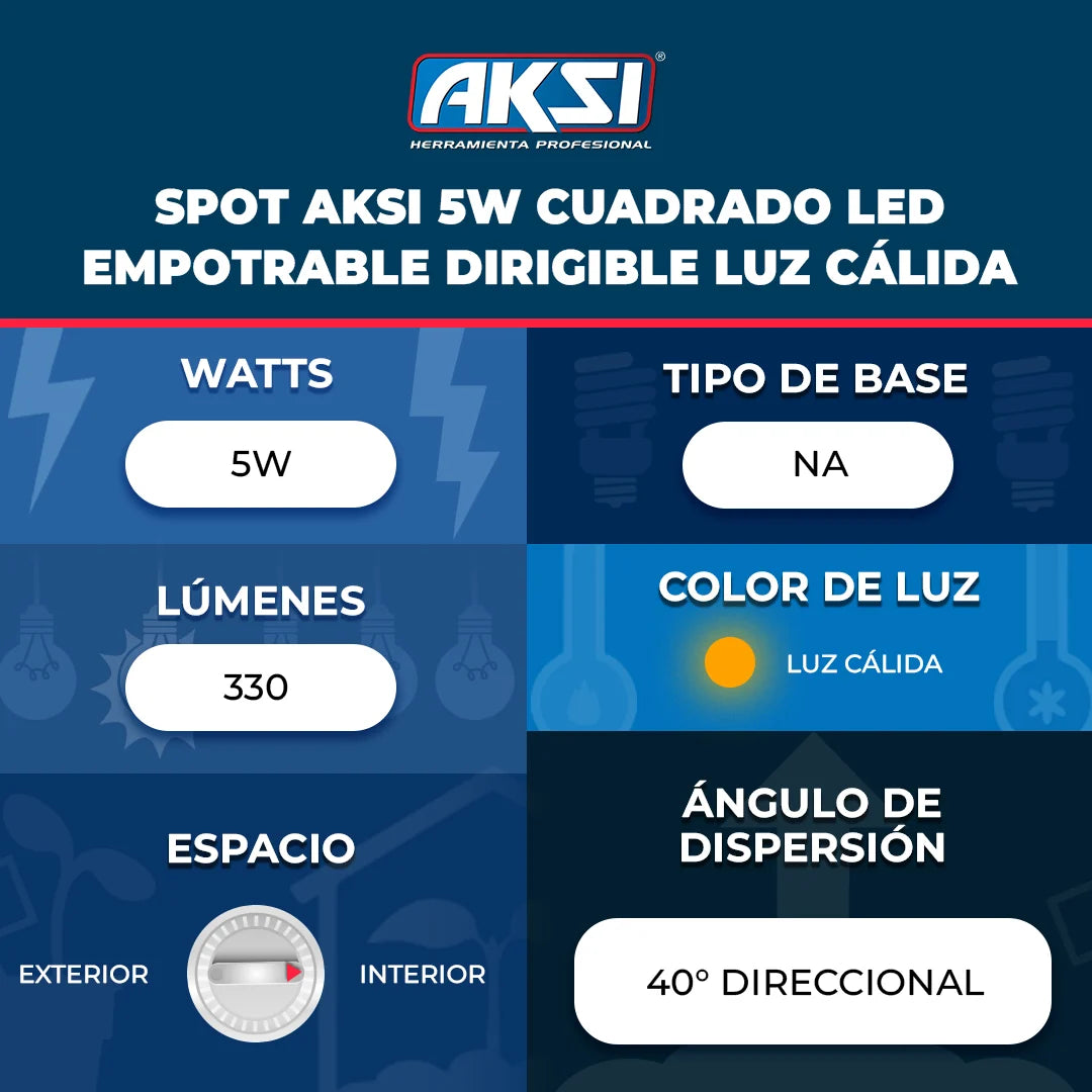 121112 Spot Aksi 5W Cuadrado LED Empotrable Dirigible Luz Cálida