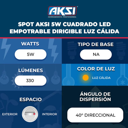 121112 Spot Aksi 5W Cuadrado LED Empotrable Dirigible Luz Cálida