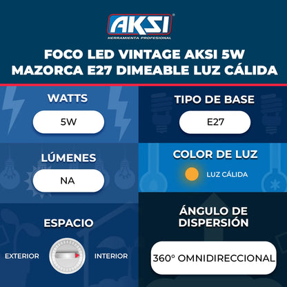 122101 Foco LED Vintage Aksi 4W Mazorca E27 Dimeable Luz Cálida