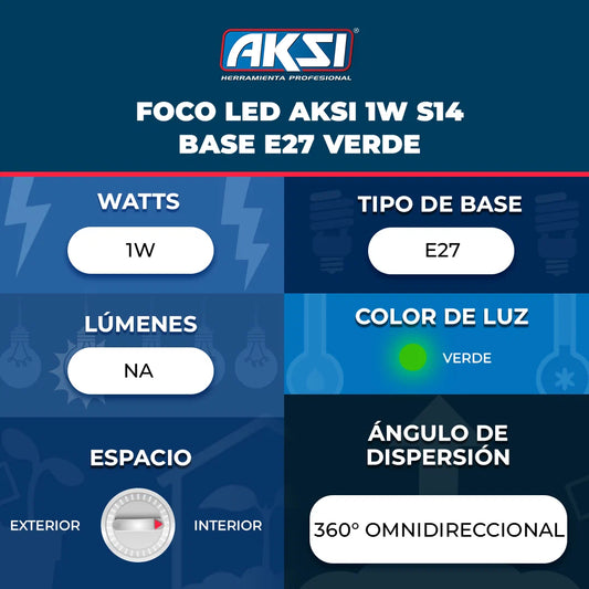 122215 Foco LED Aksi 1W S14 Base E27 Verde