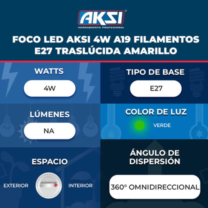 122224 Foco LED Aksi 4W A19 Filamentos E27 Traslúcida Verde