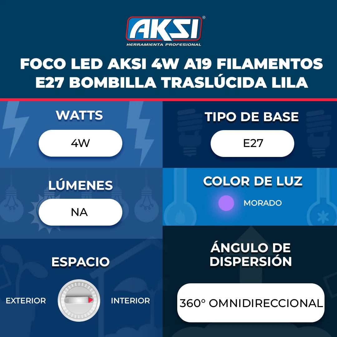 122226 Foco LED Aksi 4W A19 Filamentos E27 Bombilla Traslúcida Lila - LumyventJC