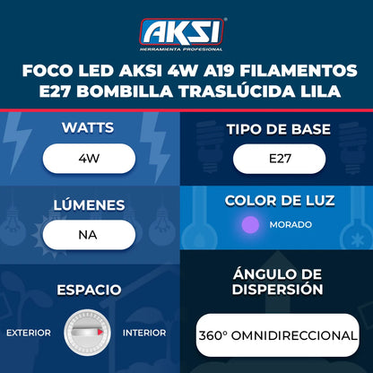 122226 Foco LED Aksi 4W A19 Filamentos E27 Bombilla Traslúcida Lila - LumyventJC