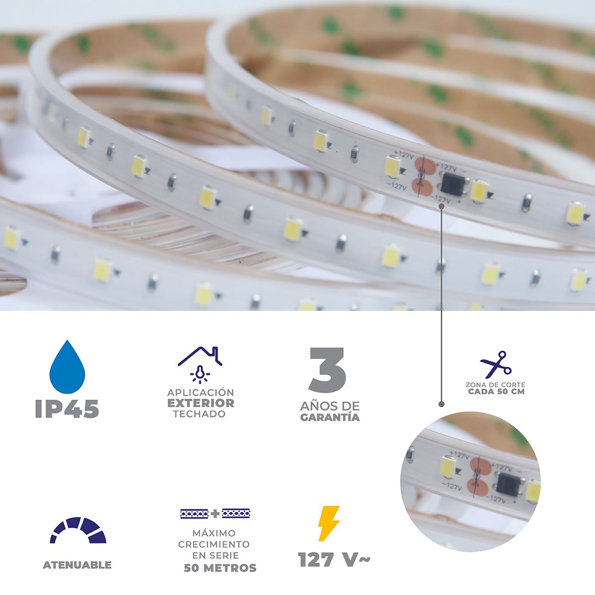MLED-60-IP45-127V-CD/BC Tira Flexible 60 LEDs por Metro, 2835 SMD 127 V, Exterior
