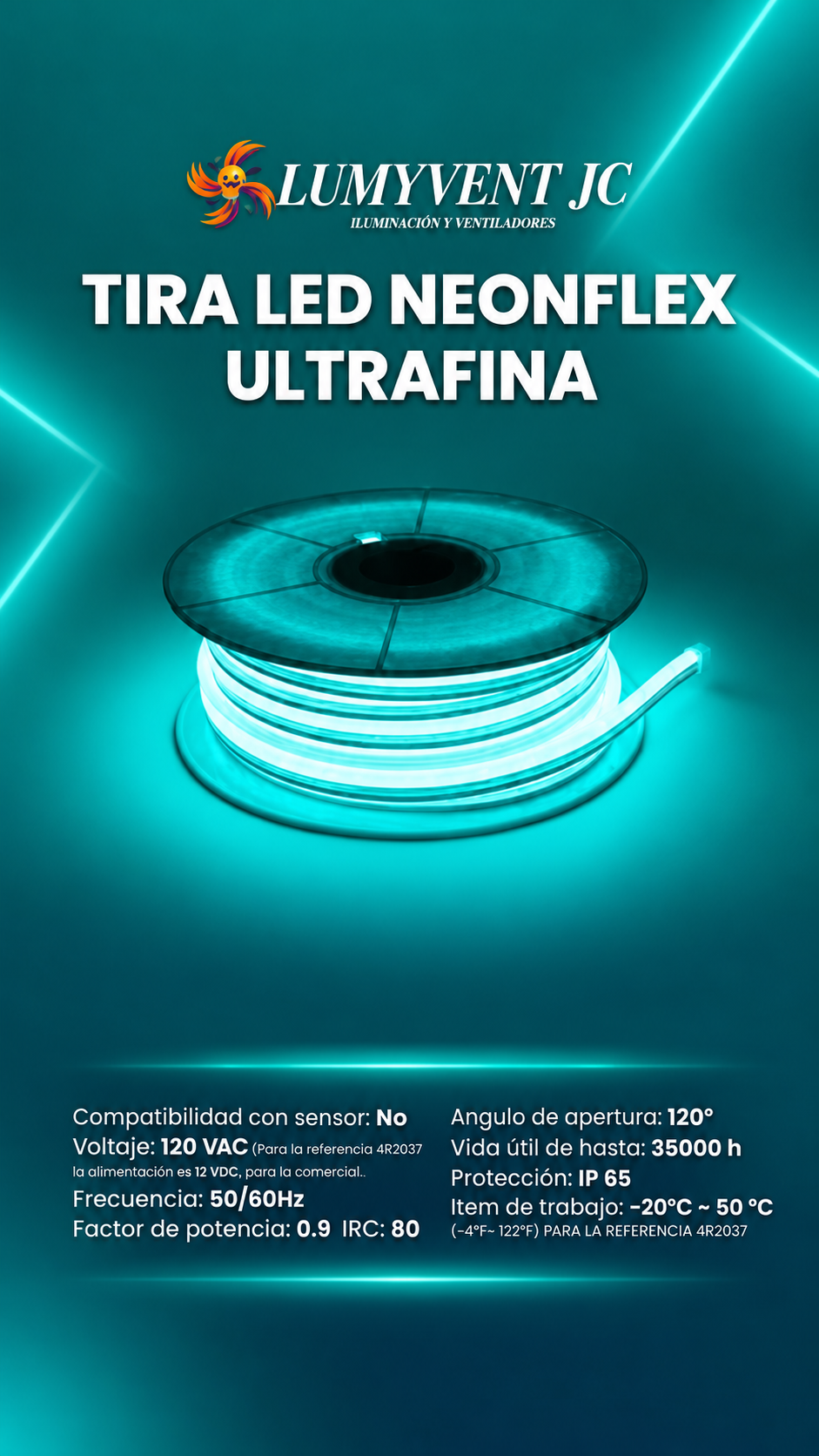 MRX1330 ROLLO 50M TIRA LED NEONFLEX ULTRAFINA AGUAMARINA 127V/C-10CM
