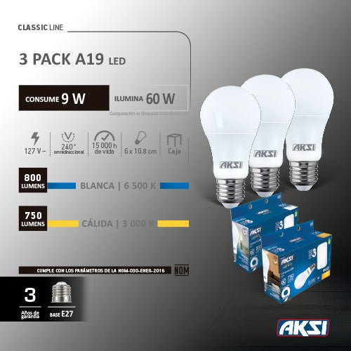 3 Pack Led A19 9 W (Luz Cálida) - LumyventJC