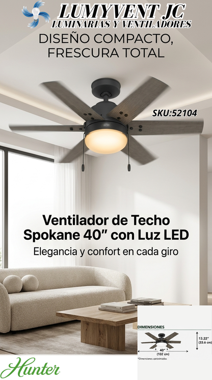 52104 Ventilador de Techo Spokane con Luz LED 40 pulgadas NEGRO MATE - LumyventJC