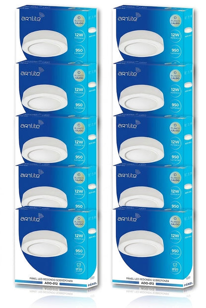 ADO-012 10 PIEZAS DE PÁNEL LED REDONDO SLIM 12W SOBREPONER BLANCO CÁLIDO