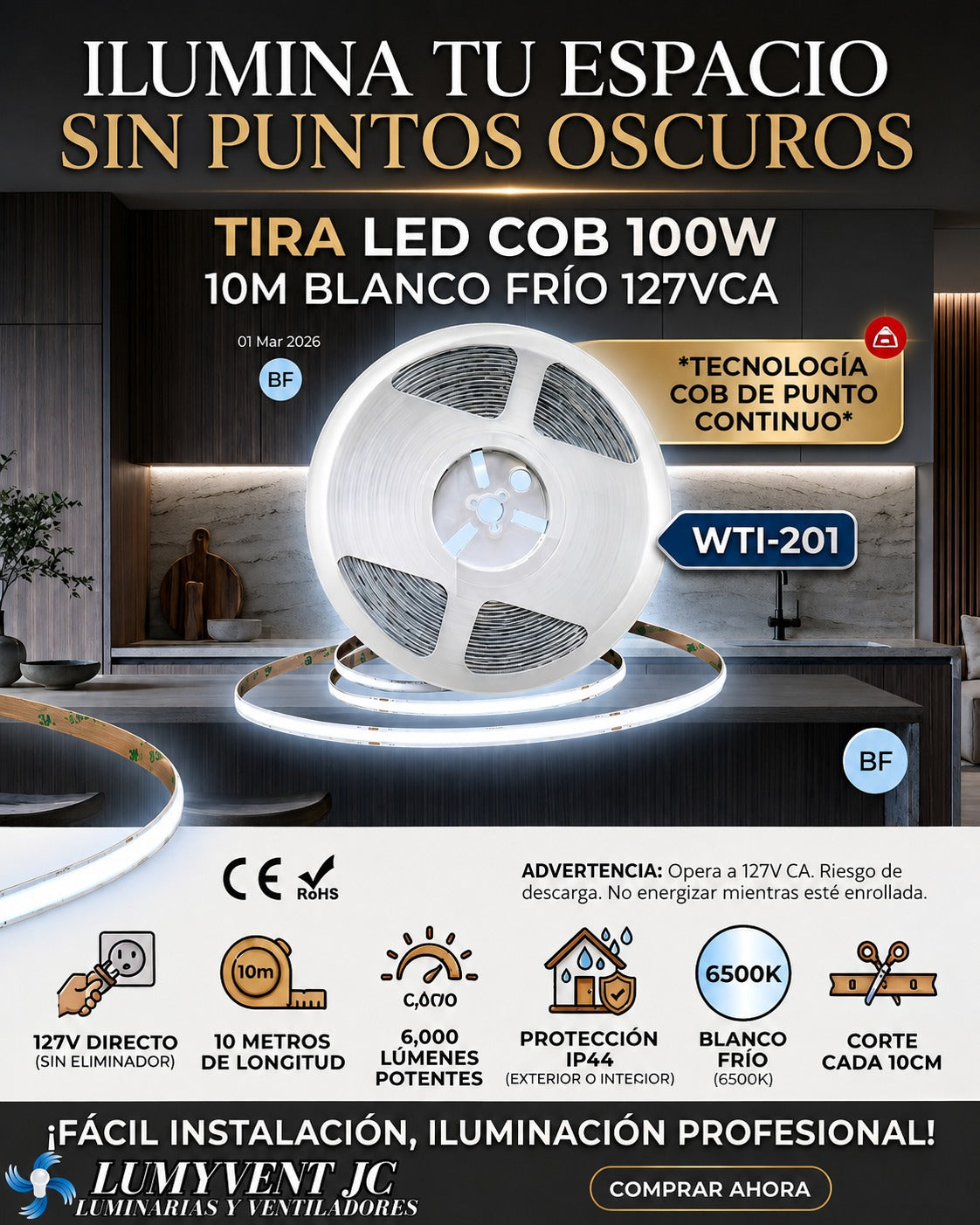 WTI-201 TIRA LED COB 100W  10M BLANCO FRÍO 127VCA