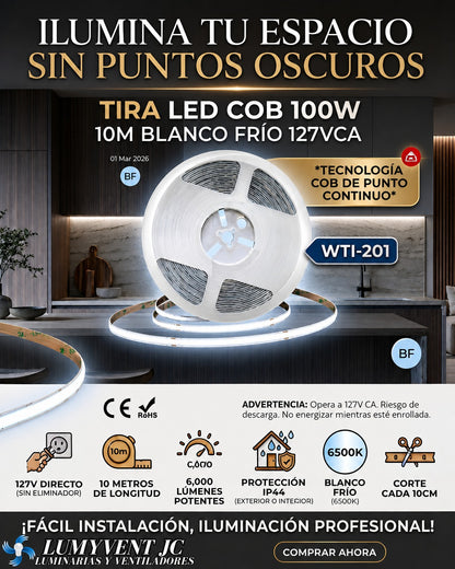WTI-201 TIRA LED COB 100W  10M BLANCO FRÍO 127VCA