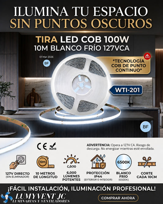 WTI-201 TIRA LED COB 100W  10M BLANCO FRÍO 127VCA