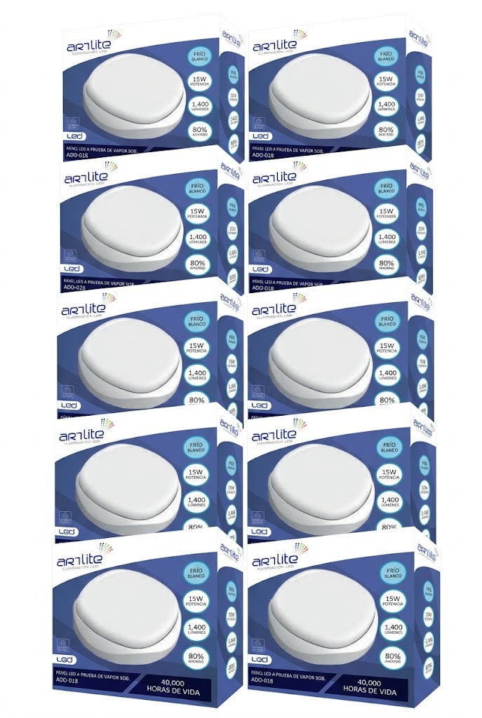 ADO-018 10 PIEZAS DE PÁNEL LED REDONDO SOBREPONER 15W BLANCO FRÍO A PRUEBA DE VAPOR