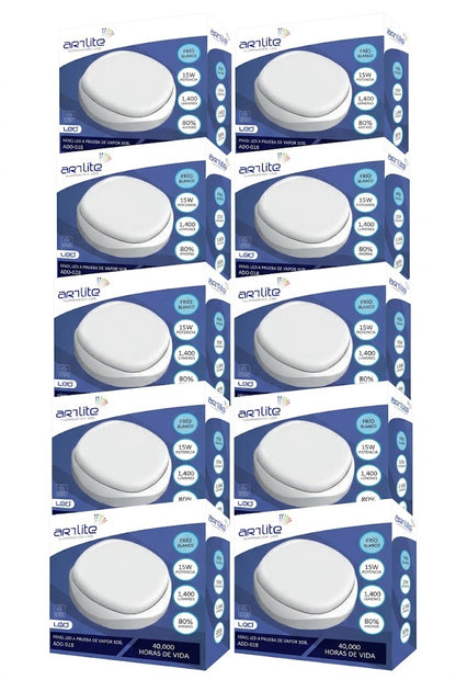 ADO-018 10 PIEZAS DE PÁNEL LED REDONDO SOBREPONER 15W BLANCO FRÍO A PRUEBA DE VAPOR