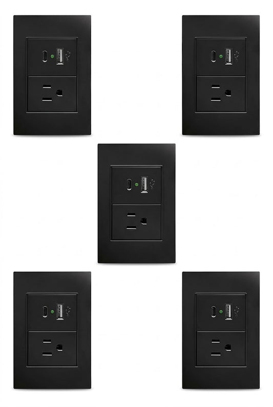 APL-307 5 PIEZAS DE PLACA NEGRA DE CONTACTO Y 2 SALIDAS USB (TIPO A y TIPO C) - LumyventJC