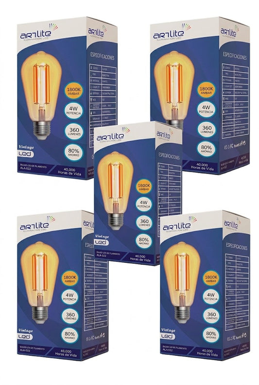ALA-022-5 5 PIEZAS DE LÁMPARA LED BULBO DE FILAMENTO BASE E26 4W ST64 ÁMBAR