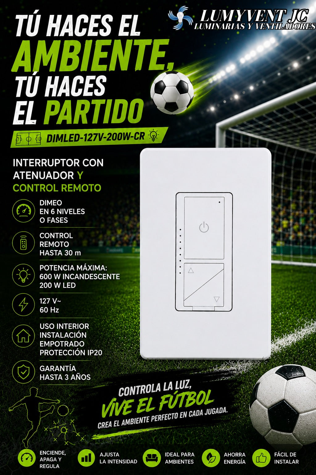 DIMLED-127V-200W-CR INTERRUPTOR CON ATENUADOR Y CONTROL REMOTO