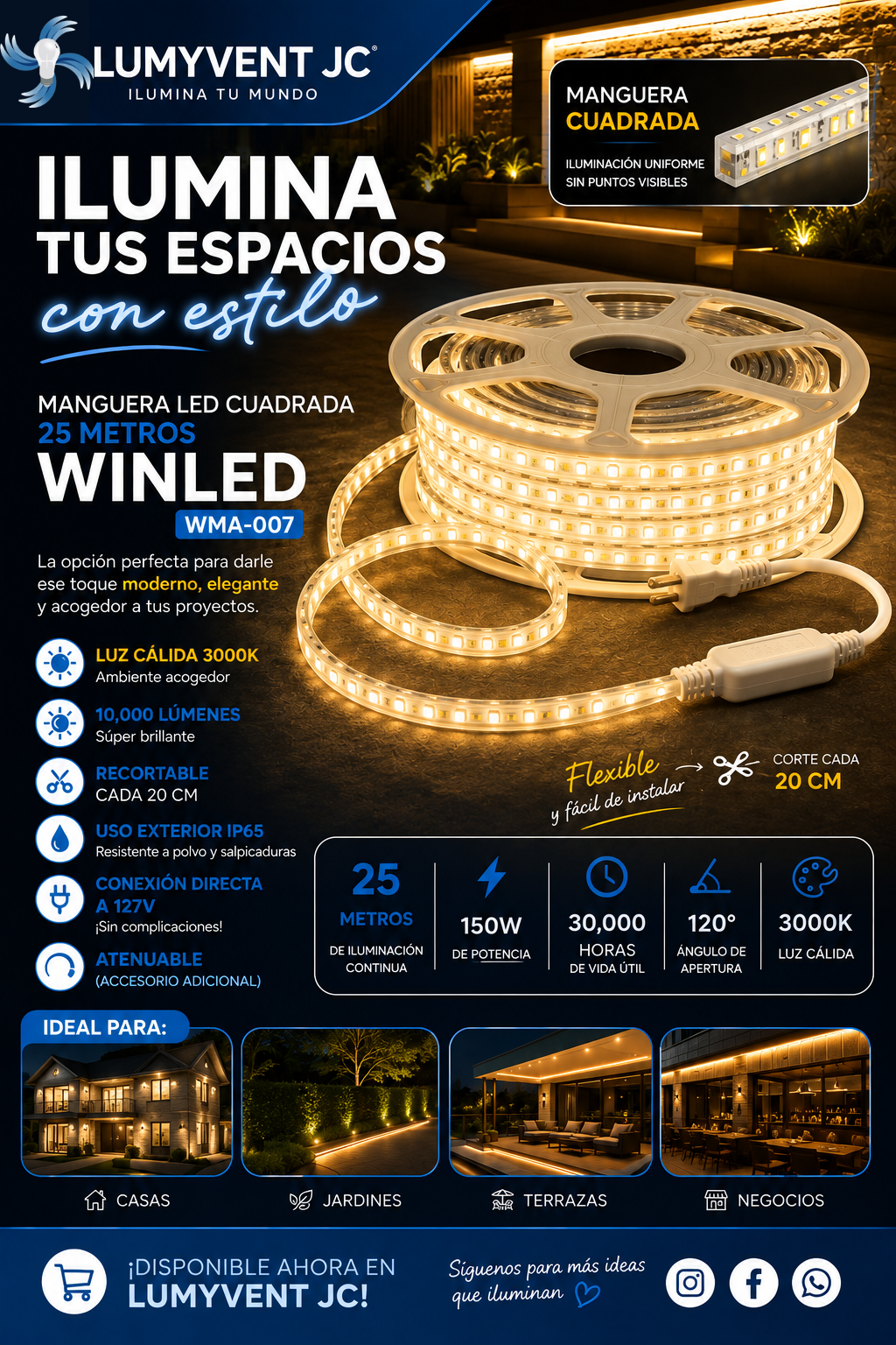 WMA-007-3 3 CAJAS DE MANGUERA LED 150W 25M BLANCO CÁLIDO