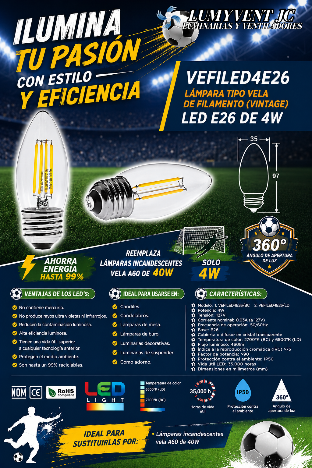 VEFILED4E26/BC Foco tipo vela LED