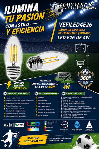 VEFILED4E26/BC Foco tipo vela LED