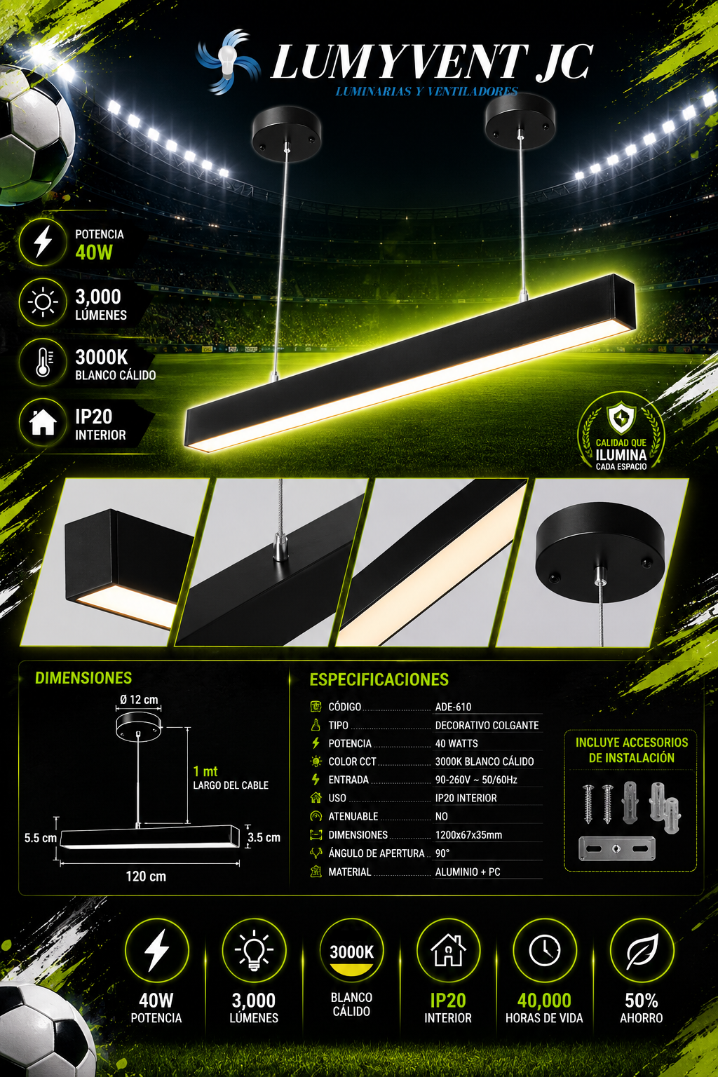 ADE-610 LUMINARIA LED LINEAL COLGANTE 40W BLANCO CÁLIDO