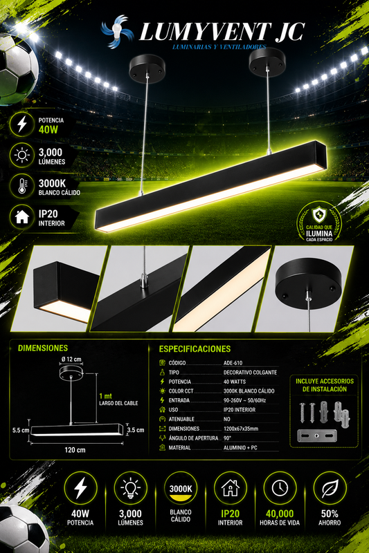 ADE-610 LUMINARIA LED LINEAL COLGANTE 40W BLANCO CÁLIDO