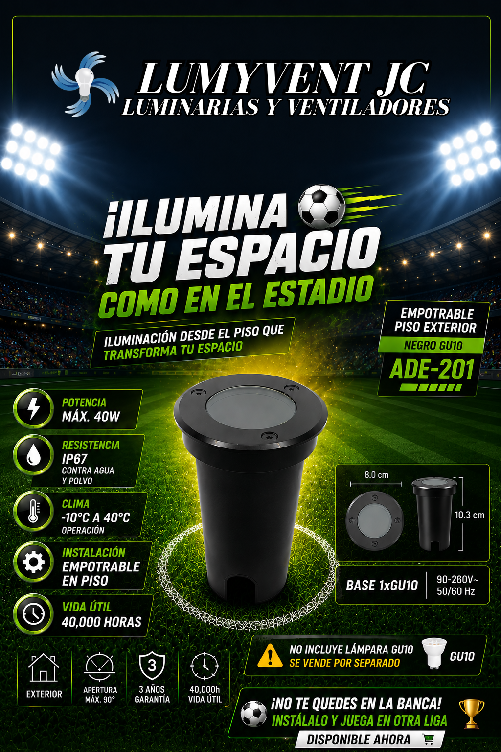 ADE-201 EMPOTRABLE PISO PLÁSTICO NEGRO Y VIDRIO TEMPLADO EXTERIOR BASE GU10 - LumyventJC