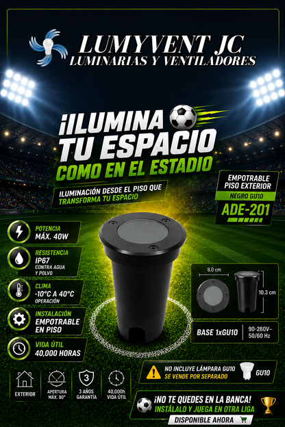 ADE-201 EMPOTRABLE PISO PLÁSTICO NEGRO Y VIDRIO TEMPLADO EXTERIOR BASE GU10 - LumyventJC