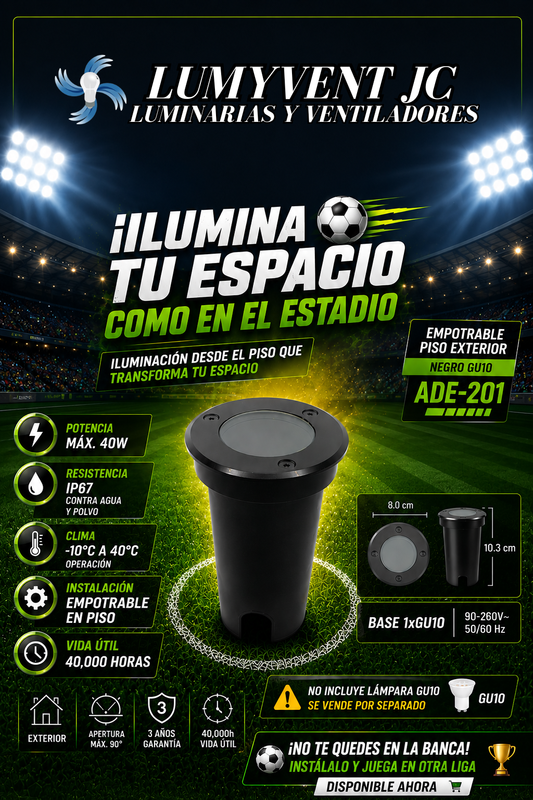 ADE-201 EMPOTRABLE PISO PLÁSTICO NEGRO Y VIDRIO TEMPLADO EXTERIOR BASE GU10 - LumyventJC