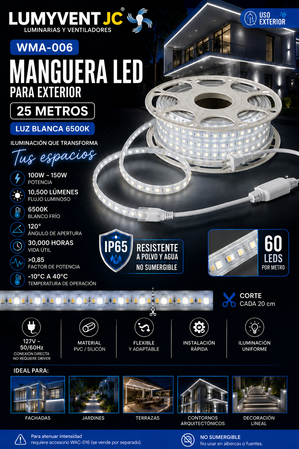 WMA-006-5 5 CAJAS DE MANGUERA LED 150W 25M BLANCO FRIO